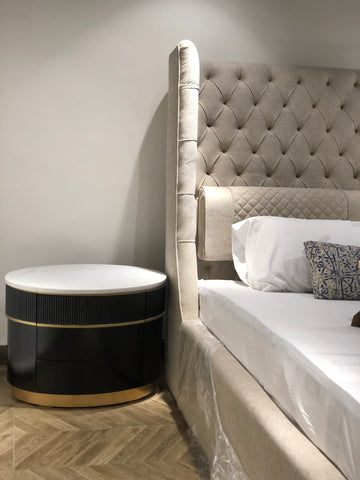 Fabric Bed with Matching Side Tables in Fabric