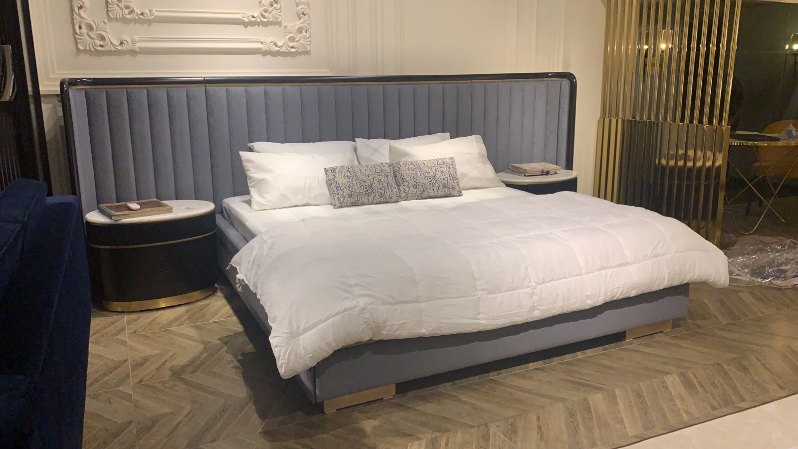 Fabric Bed with Sheesham wood Borders with Side Tables and Dresser